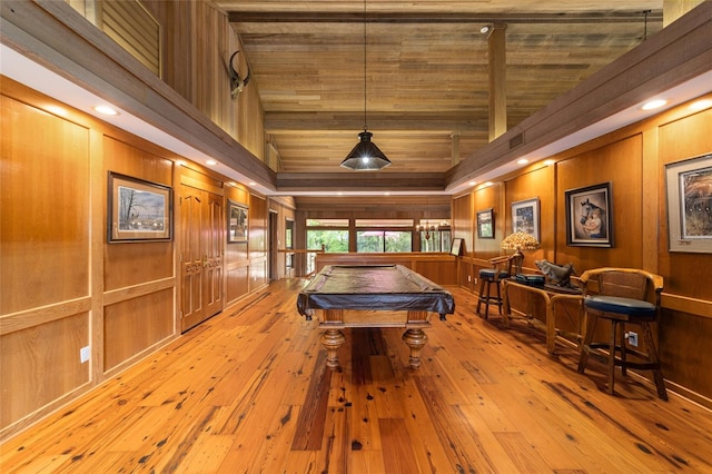 rec room featuring wood ceiling, pool table, light hardwood / wood-style floors, and high vaulted ceiling