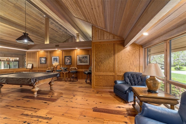 playroom featuring pool table, beamed ceiling, light hardwood / wood-style floors, wooden ceiling, and wooden walls