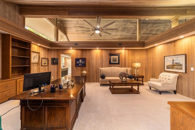 office space with light carpet, wood walls, ceiling fan, and wood ceiling