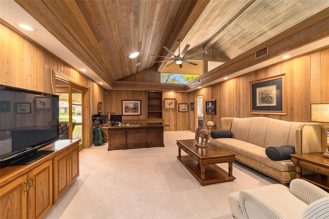 living room with light colored carpet, wood walls, ceiling fan, and wood ceiling