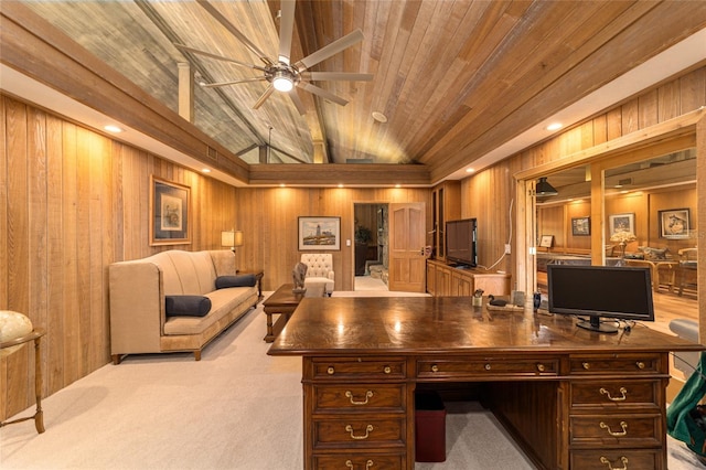 home office with wooden walls, ceiling fan, wooden ceiling, and light colored carpet