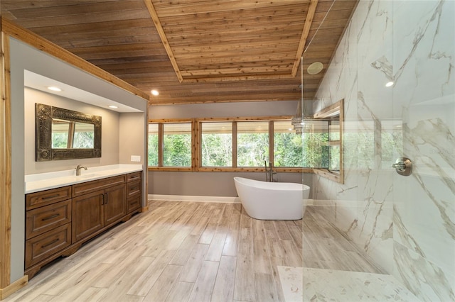 bathroom featuring tile walls, wood ceiling, vanity, and independent shower and bath