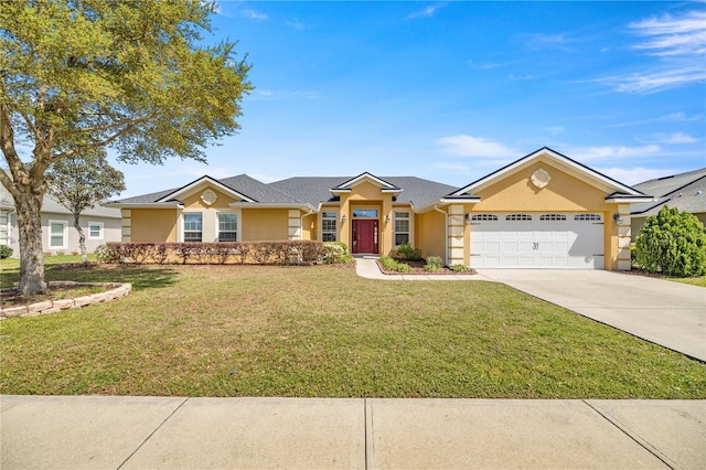 ranch-style house with a front lawn and a garage