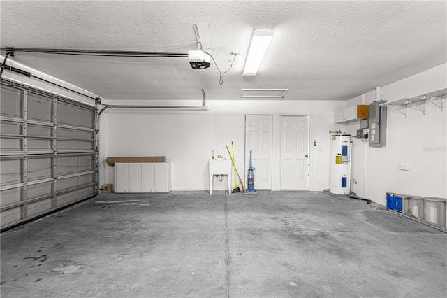 garage featuring a garage door opener and water heater