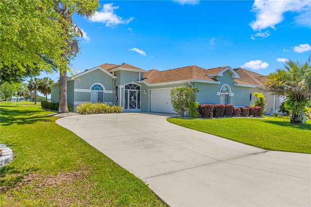 view of front of home with a front yard and a garage