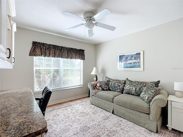 office space with ceiling fan and light hardwood / wood-style flooring