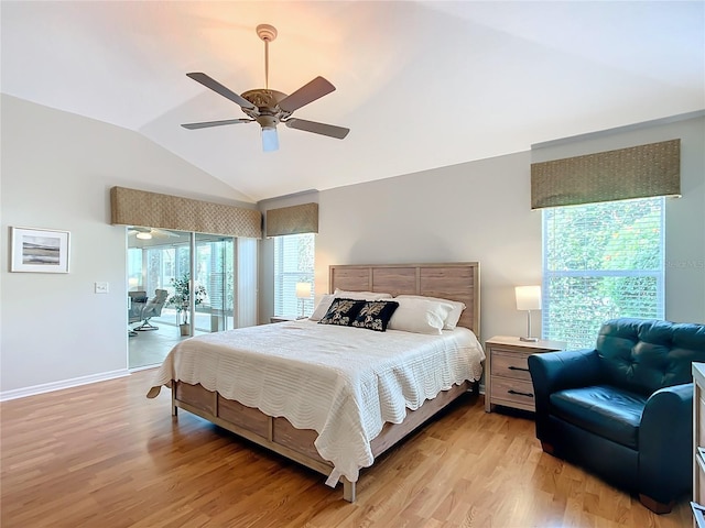 bedroom featuring access to exterior, light wood-type flooring, vaulted ceiling, and ceiling fan