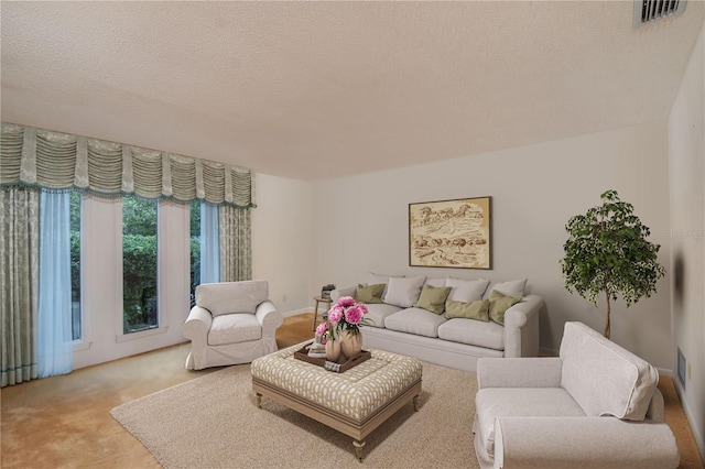 carpeted living room with a textured ceiling