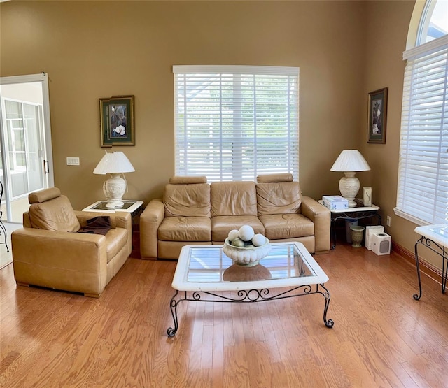 living room with a healthy amount of sunlight, a high ceiling, and light hardwood / wood-style flooring