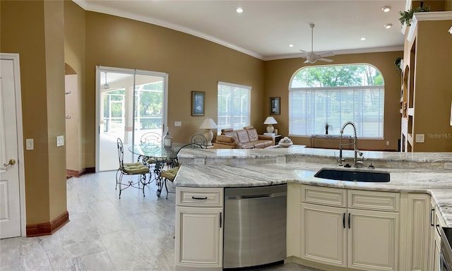 kitchen featuring sink, ceiling fan, light tile flooring, stainless steel dishwasher, and light stone counters