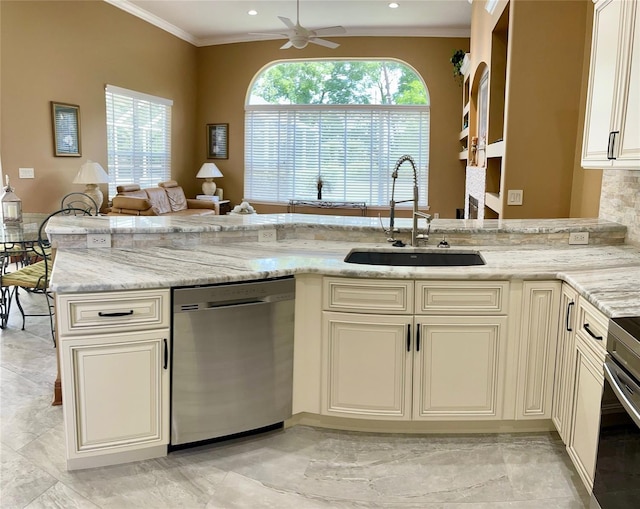 kitchen featuring stainless steel dishwasher, light stone countertops, ceiling fan, sink, and light tile flooring