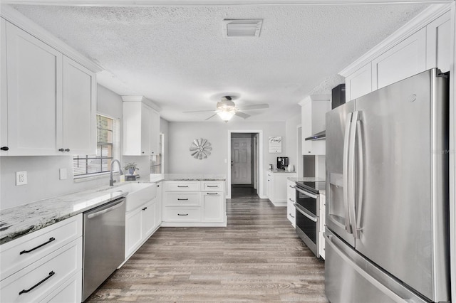 kitchen with white cabinets, appliances with stainless steel finishes, ceiling fan, and sink