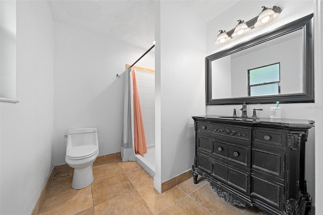 bathroom featuring oversized vanity, toilet, tile floors, and a shower with curtain