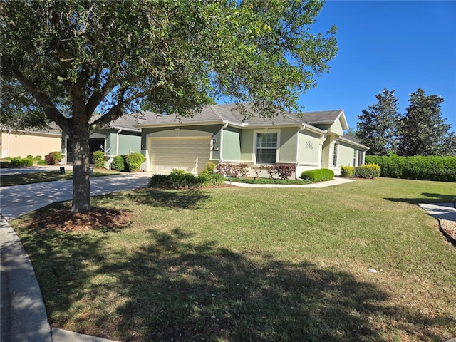 single story home featuring a front yard and a garage