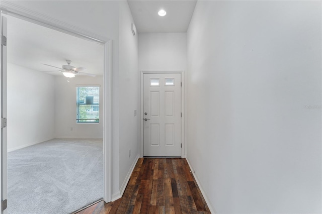 entryway featuring ceiling fan and dark wood-type flooring