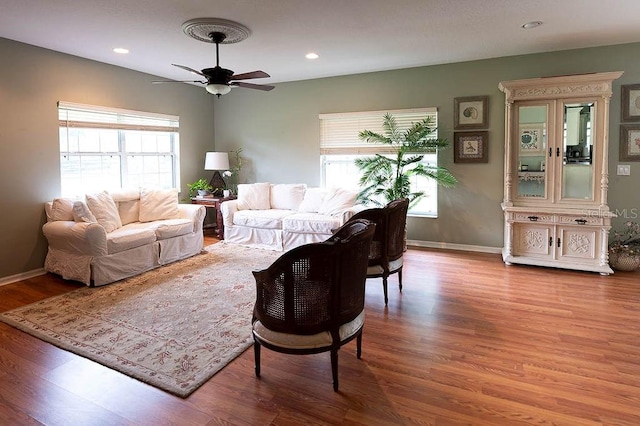 living room with hardwood / wood-style flooring and ceiling fan