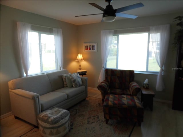 living room with wood-type flooring and ceiling fan