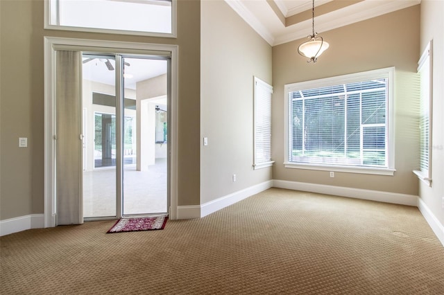 interior space featuring carpet floors and crown molding