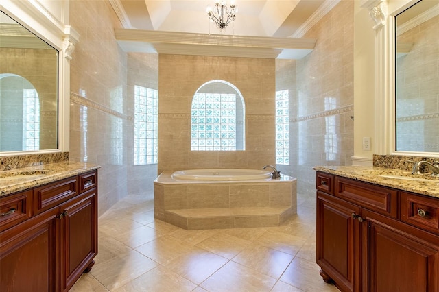 bathroom featuring tile patterned floors, tile walls, and tiled tub