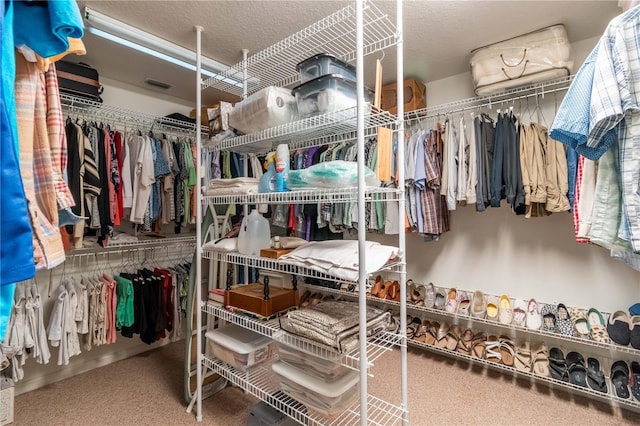 walk in closet featuring carpet flooring