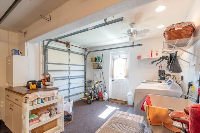 garage with ceiling fan and separate washer and dryer