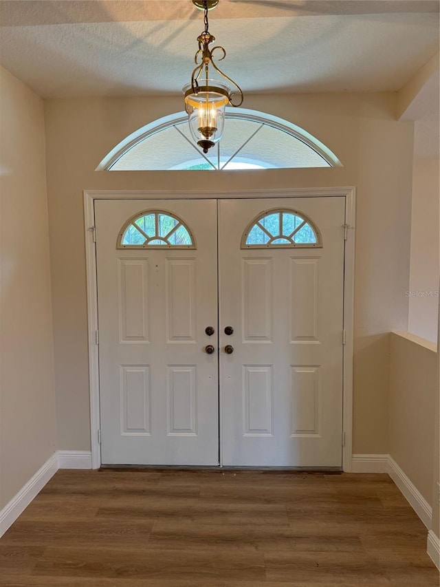 entryway with wood-type flooring, a wealth of natural light, and a textured ceiling