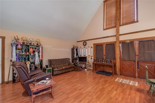 living room featuring hardwood / wood-style floors and high vaulted ceiling