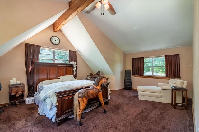 carpeted bedroom with multiple windows, ceiling fan, and lofted ceiling with beams