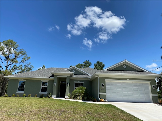 single story home featuring a front yard and a garage