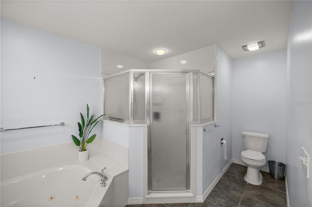 bathroom featuring independent shower and bath, tile patterned floors, and toilet