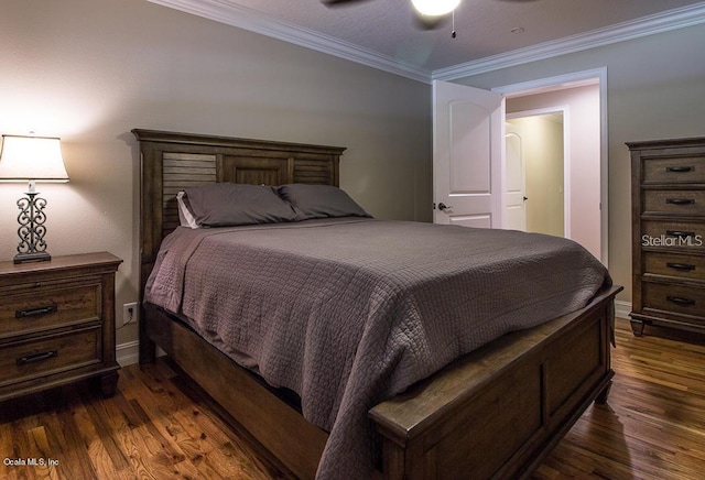 bedroom with ceiling fan, crown molding, and dark wood-type flooring