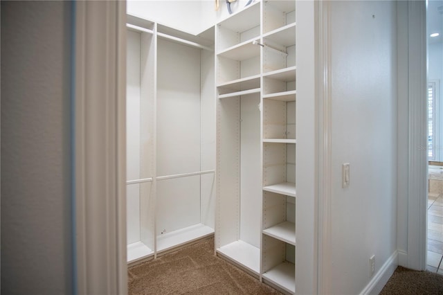 spacious closet with dark colored carpet