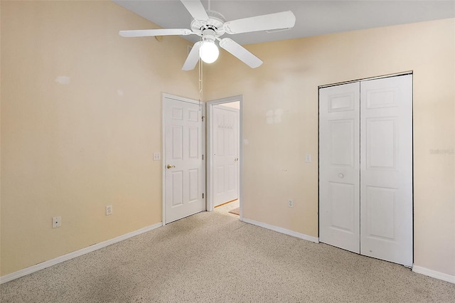 unfurnished bedroom with a closet, ceiling fan, and carpet