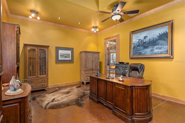 office featuring ceiling fan and crown molding