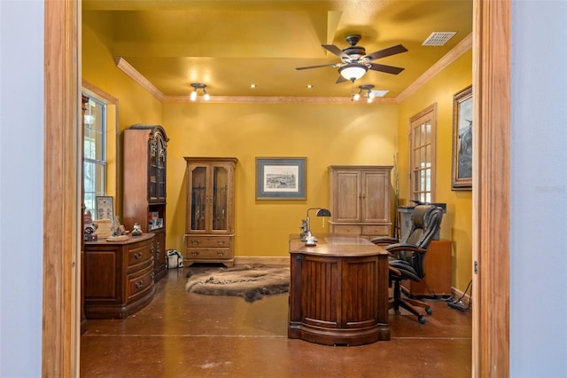 home office with ornamental molding and ceiling fan