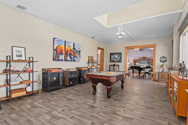 recreation room with wood-type flooring and pool table