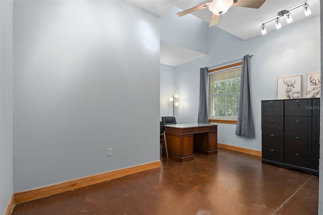 office area with rail lighting and ceiling fan