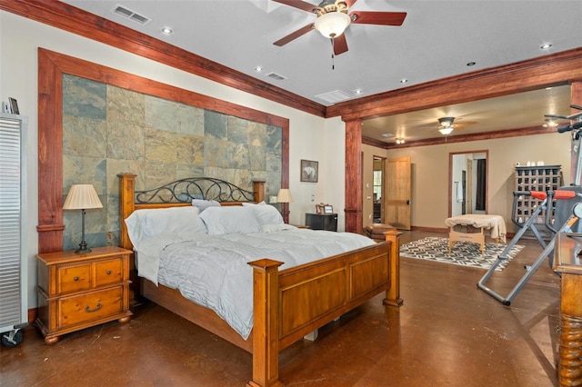 bedroom featuring tile walls, concrete flooring, and ceiling fan