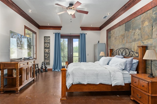 bedroom featuring tile walls, french doors, ceiling fan, access to outside, and dark tile floors