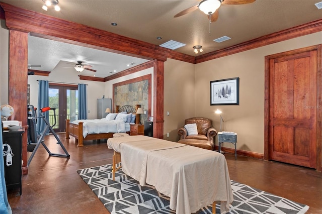 bedroom featuring french doors, ceiling fan, crown molding, access to outside, and a textured ceiling