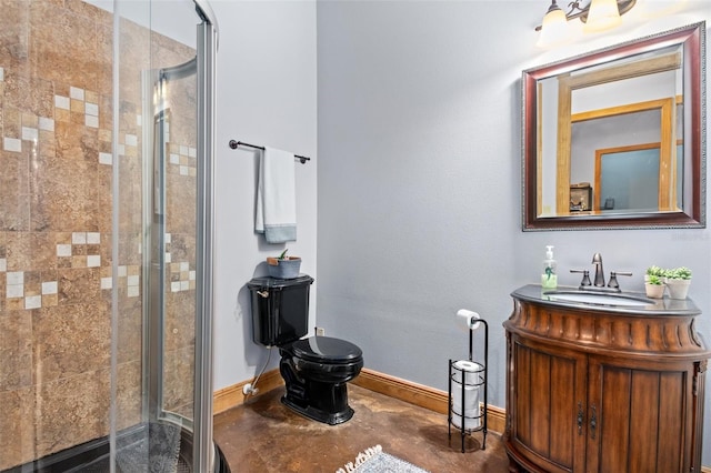 bathroom with oversized vanity, toilet, and a shower with shower door