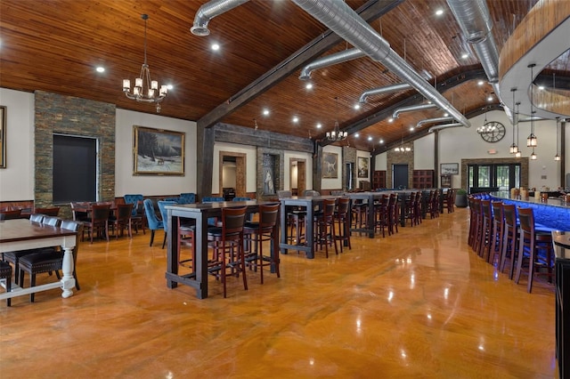 dining space with high vaulted ceiling, wooden ceiling, beam ceiling, and a notable chandelier