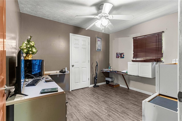 office area featuring light hardwood / wood-style floors, ceiling fan, and a textured ceiling