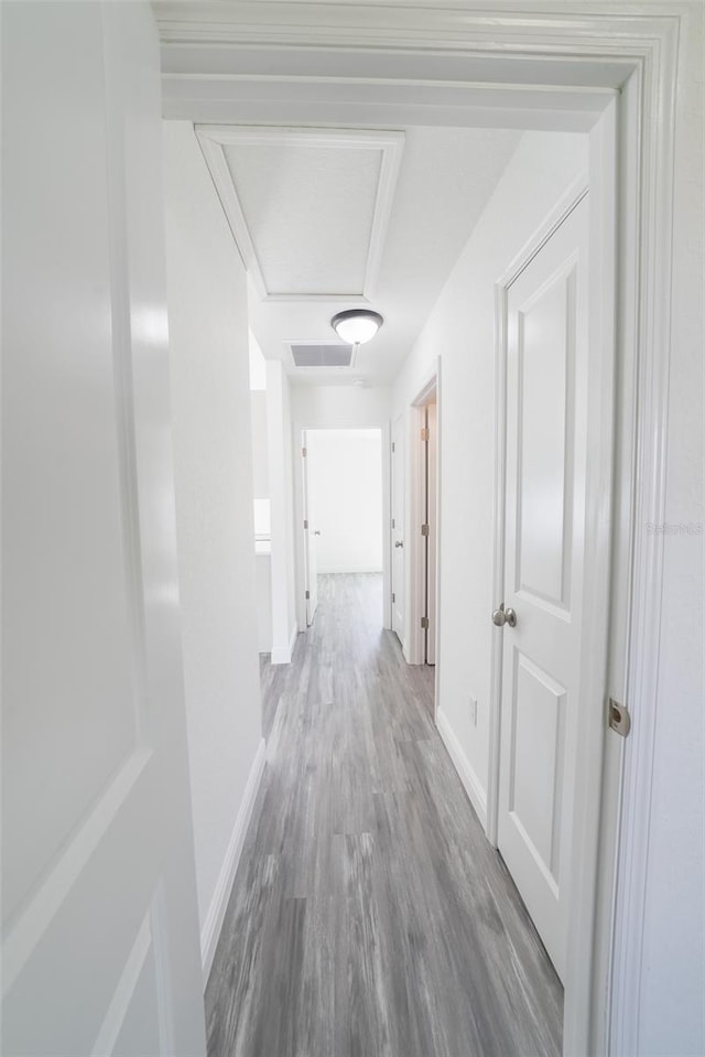 hall featuring wood finished floors, visible vents, and baseboards