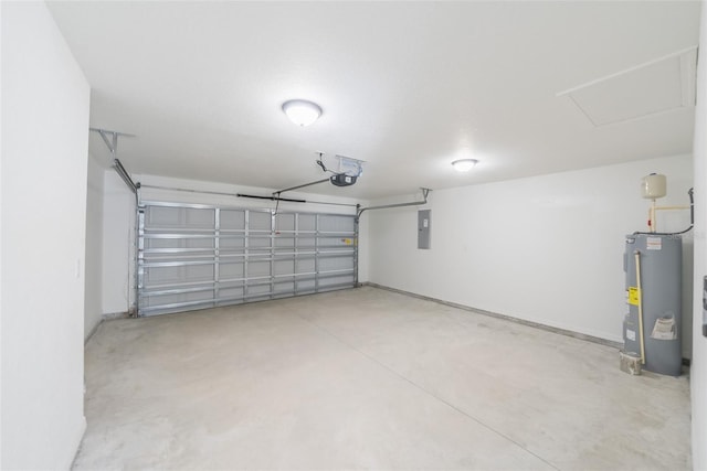 garage featuring water heater, electric panel, and a garage door opener