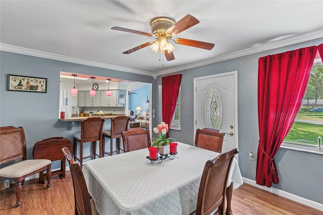 dining area with light hardwood / wood-style floors, ceiling fan, and ornamental molding