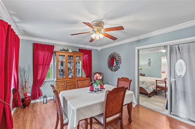 dining area featuring crown molding, hardwood / wood-style floors, and ceiling fan