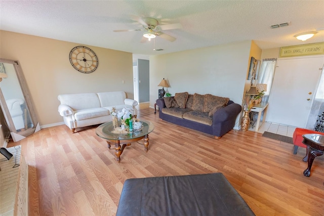 living room featuring a textured ceiling, ceiling fan, and light hardwood / wood-style floors