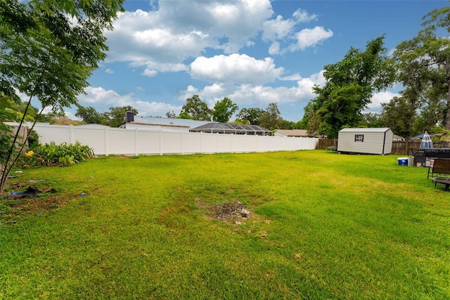 view of yard with a storage shed