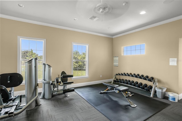 exercise area with ceiling fan and ornamental molding